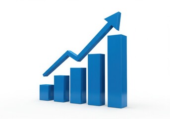 Blue bar graph with upward trending arrow