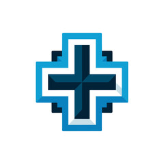 Fototapeta premium Abstract blue and black cross symbol on a white background, representing healthcare and wellness