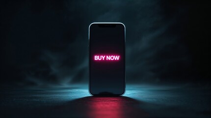 Bright neon sign saying buy now illuminated on a smartphone in a dark setting with blue and purple light effects