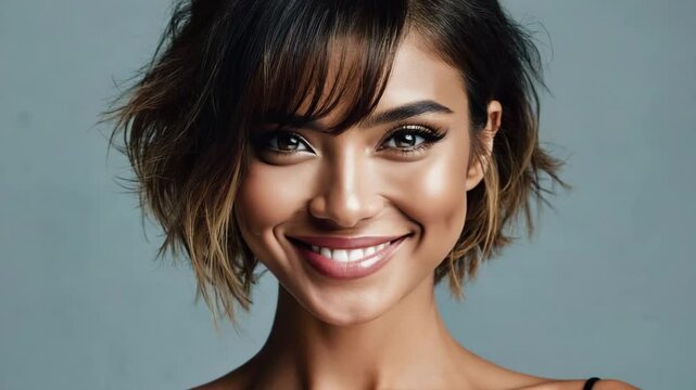 A smiling beautiful woman portrait with radiant complexion and stylish haircut