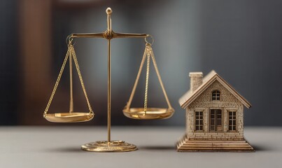 Golden scale balances near miniature house representing Justice system