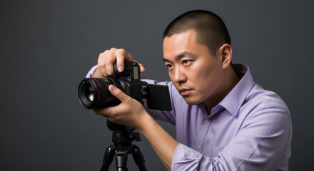 Asian photographer checking camera settings in well-equipped photo studio. Professional photography and creative industry workspace environment.