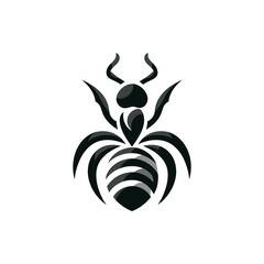Stylized black ant illustration with intricate details and smooth curves on a plain background