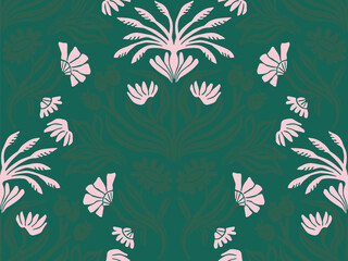 Elegant Tropical Floral Pattern Seamless Design with Pink and Green Hues for Textile, Wallpaper, and Fabric