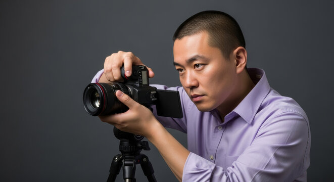 Asian photographer checking camera settings in well-equipped photo studio. Professional photography and creative industry workspace environment.