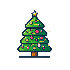 Colorful Christmas tree adorned with ornaments and lights, set against a festive background (1)