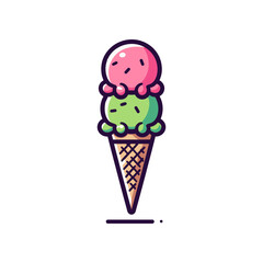 Colorful ice cream cone with pink and green scoops against a simple white background