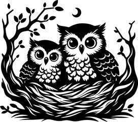 Two Owls in a Nest Silhouette, Owl Couple Nesting Silhouette Design for Rustic Weddings Nature Art.