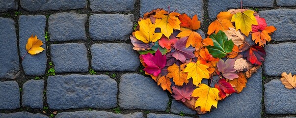 Abstract heart pattern made from colorful autumn leaves on a stone pavement