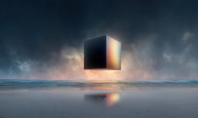 Iridescent black cube hovers above beach at Sunrise