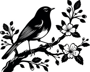  Robin Perched on Floral Branch Silhouette Design for Posters Stickers and Home Decor.