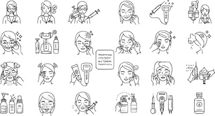 Mesotherapy icons set. Cosmetologists are performing facial treatments using needles, syringes, electric devices, creams, and other tools

