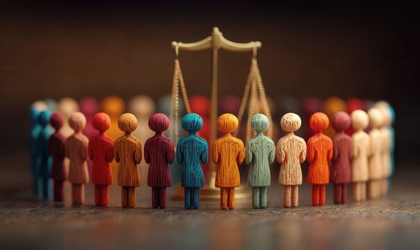 Diverse people uniting around golden scales of justice for equality