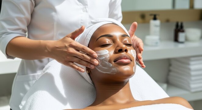 A Black woman enjoys a relaxing facial, with an aesthetician applying cream. Perfect for beauty, spa, and skincare themes.