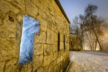 Loophole of the Austro-Hungarian fort Roncogno. Cimirlo pass, Trento, Trentino, Italy.