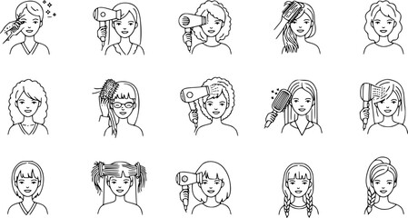 Girl dries hair icons set. Line icons depicting women using hair dryers, showcasing various hairstyles and hair drying techniques
