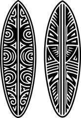 Bold black silhouette of a vertical surfboard with tribal linocut patterns in crisp vector style, ideal for summer, beach, surf, and minimalist graphic design themes

