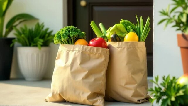 Two paper bags filled with fresh vegetables and fruits, including tomatoes, lemons, and green onions, placed on a table near potted plants.