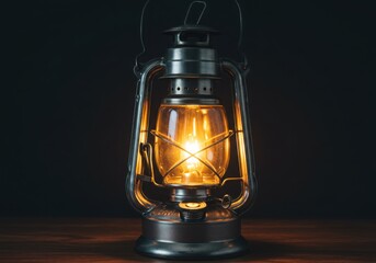 Illuminated vintage kerosene lantern on dark background