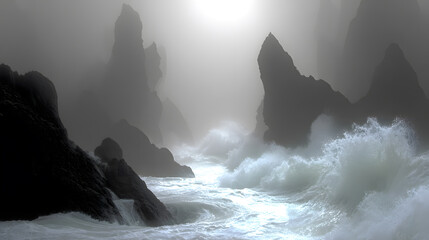 Dramatic ocean waves crashing against rocky cliffs in a misty coastal landscape, showcasing the power of nature.
