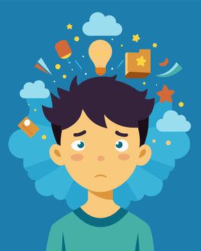 The boys mind was a chaotic mess of negative thoughts blaming himself for everything that went wrong and feeling like he could never get anything right.. Vector illustration