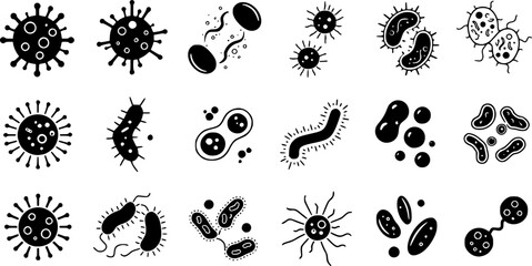 Immune system cells icons set. Set of simple black and white virus and bacteria icons showing different microorganisms causing diseases

