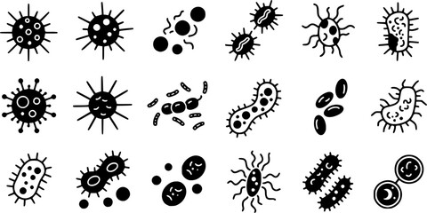 Immune system cells icons set. Set of simple black and white virus and bacteria icons showing different microorganisms causing diseases
