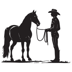Silhouette of a cowboy holding the reins of a standing horse on a grassy field