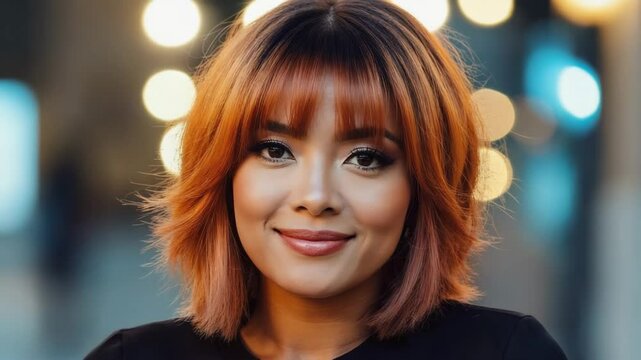A young woman with a stylish copper-toned bob haircut and bangs, smiling confidently.