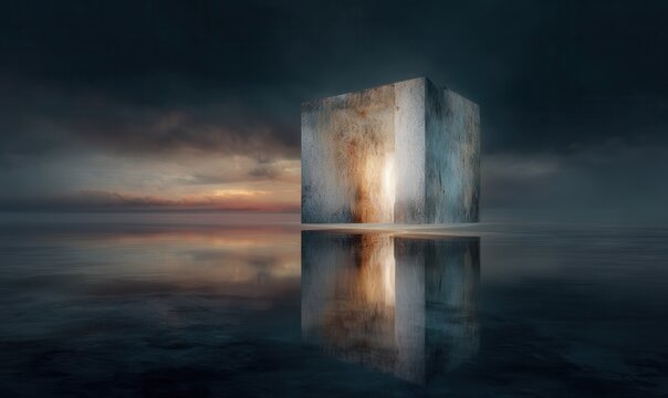 Glowing white cube sits on a reflective surface at Sunset