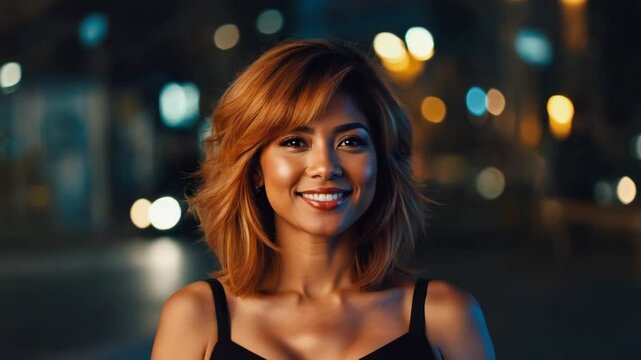 A beautiful woman smiling warmly in a city at night, illuminated by streetlights. She has a charming smile and radiant energy, embodying confidence and happiness. 