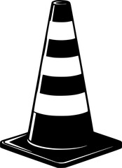 Orange traffic cone with white stripes standing up signaling caution and indicating possible road work
