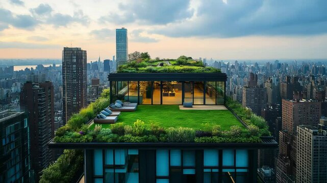 Rooftop garden penthouse with city views and lounge area in a modern urban setting at dusk