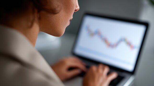 Businesswoman analyzing stock market trends on a laptop during a busy trading day in the office