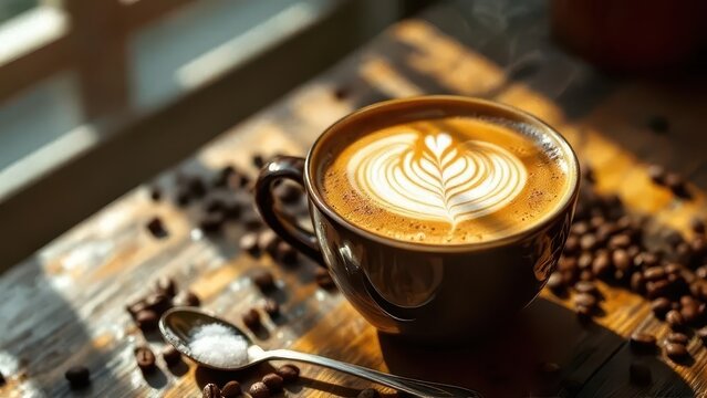 Latte Art in Sunlit Cafe: A steaming cup of latte art sits on a wooden table, surrounded by coffee beans, bathed in warm sunlight streaming through a window.