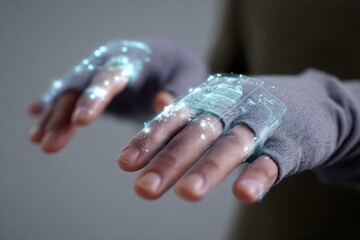 Hands wearing gloves manipulating holographic medical data displays