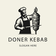 Black and white flat vector logo of a chef slicing meat for doner kebab with a large knife. Bold silhouette design, perfect for restaurant branding, signage, or packaging.