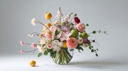 Colorful floral arrangement with fruit accents displayed in a clear glass vase on a neutral backdrop