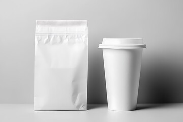 Simple White Packaging Mockup Coffee Bag and Cup on Gray Background, Minimalist Style