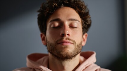 Individual focusing mind on breathing rhythm during stress relief routine at home