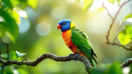 Obraz premium Rainbow Lorikeet Perched: Vibrant rainbow lorikeet perches elegantly on a branch, framed by verdant foliage and the soft, natural light of its environment. A spectacle of nature's artistry.