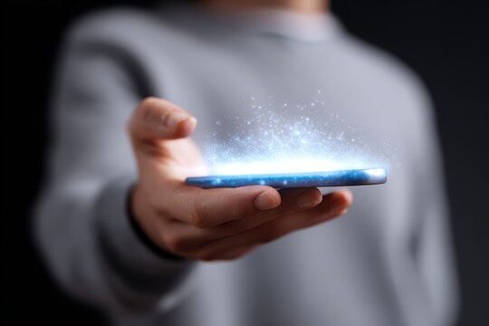 Person holding a smartphone with a futuristic holographic data display hovering above