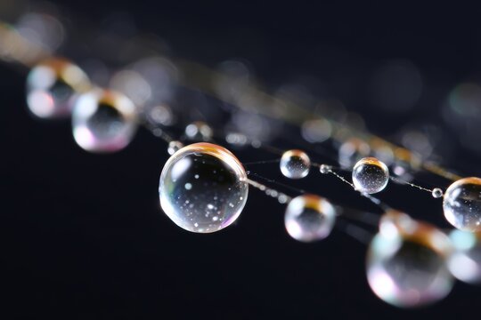 Macro photography of dew drops on spider silk thread with sparkling light