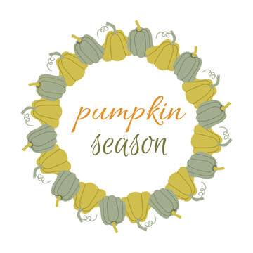Autumn pumpkin frame. Autumn circle frame. Round border made of fall pumpking in green and orange. Vector flat isolated on white background.	
