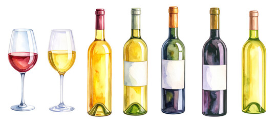 Watercolor wine bottles and glasses with transparent background