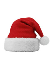 A traditional santa claus hat crafted from rich deep red velvet, featuring soft white fur trim and a fluffy pom-pom, captured in a high-angle shot on a transparent isolated background, commercial