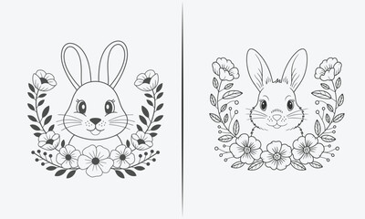Charming Black and White Bunny Illustration Surrounded by Floral Wreaths, Perfect for Kids' Art, Crafts, and Cute Design