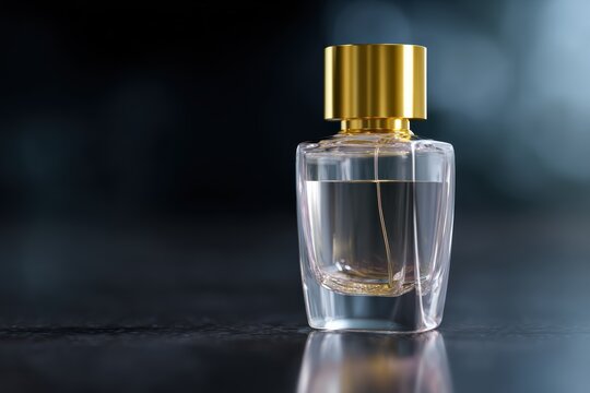 Elegant perfume bottle mockup with gold cap placed on reflective black surface with soft light reflections