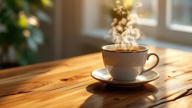 Steaming Coffee Cup on a Wooden Table: A close-up captures a pristine white coffee cup emitting fragrant steam, placed on a warm, wooden table. the scene is bathed in sunlight.