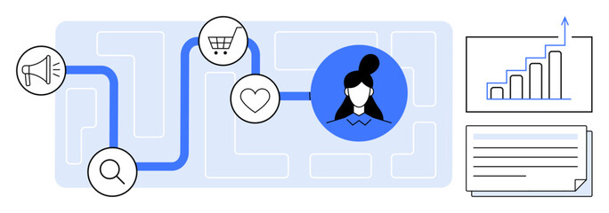 Obraz na płótnie Canvas Customer profile connected to icons for marketing, shopping, and engagement. Graph and data concepts emphasize success tracking. Ideal for marketing, e-commerce, strategy, insights, customer